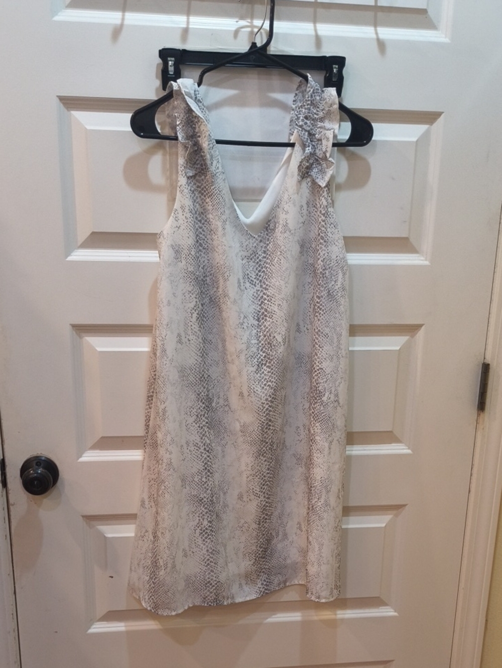 Peach Love California Beige Snake-Print Ruffle Shoulder Mini Dress
